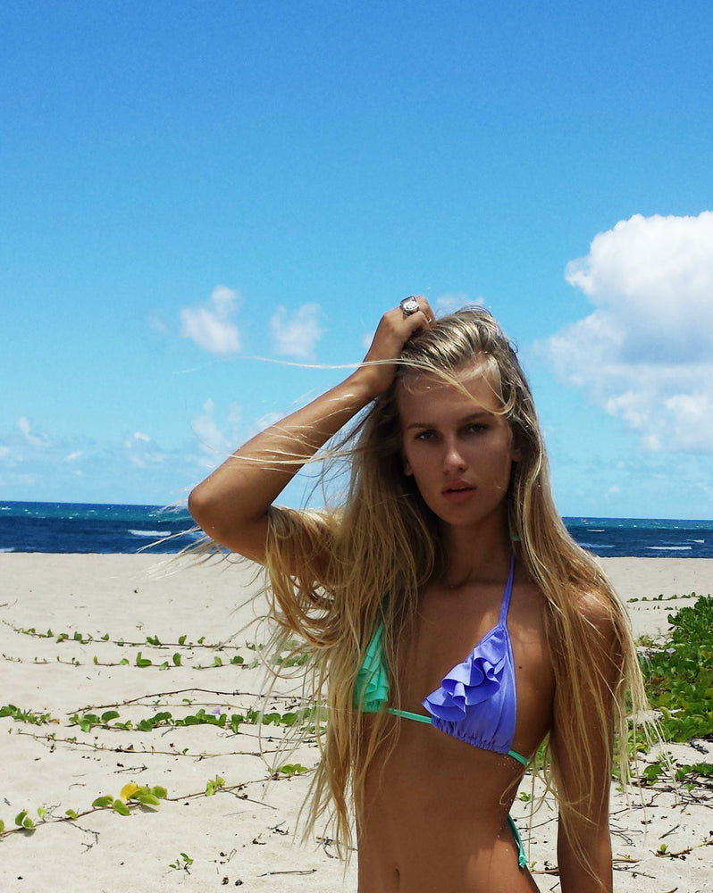 Milkshake Triangle Bikini Top in Seychelles Green & Lavender, Size Large